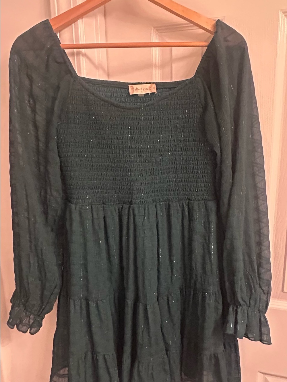 Altar’d State Green Smocked Tiered Dress Sheer Long Sleeve Shimmer Boho S